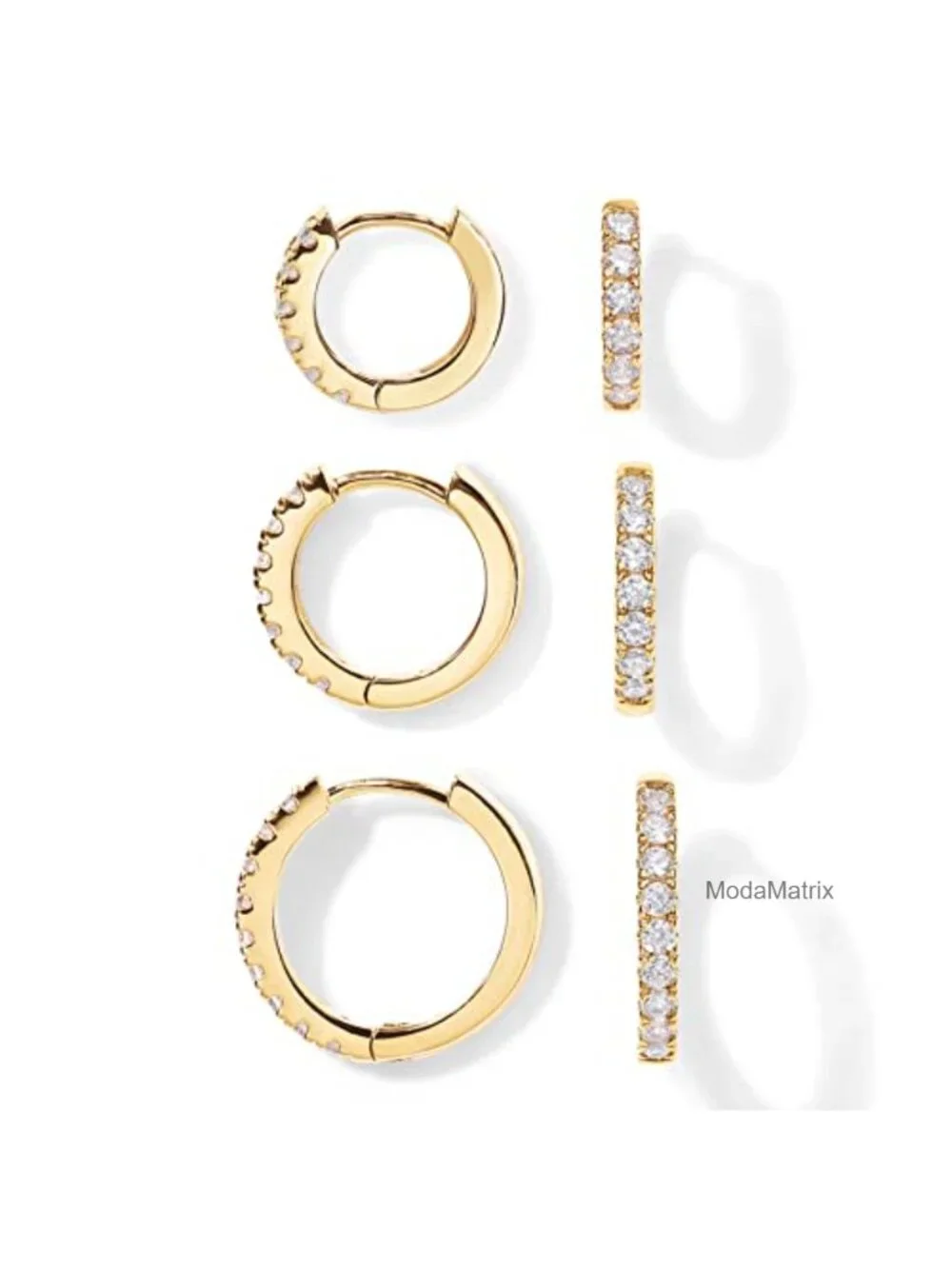 14K Gold Plated Hoop Earrings Set - 3 Pairs Huggie Earrings with Cubic Zirconia